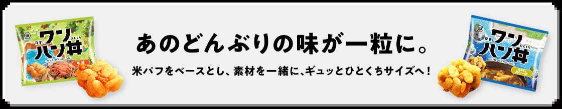 あのどんぶりの味が一粒に。米パフをベースに素材を一緒に、ギュッとひとくちサイズに。