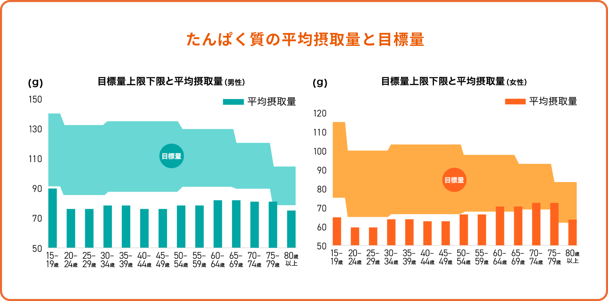 たんぱく質の平均摂取量は男女ともに目標量よりも下回り、たんぱく質が不足しがちな年代が多い