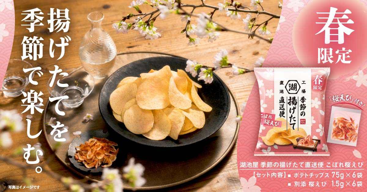 湖池屋 揚げたて直送便（工場直送便）春限定ポテトチップス こぼれ桜えび